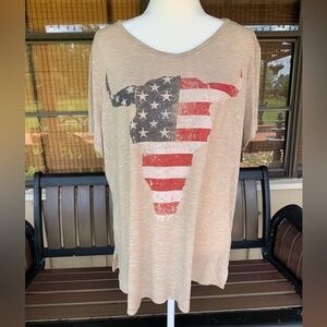 USA Flag Longhorn Beige Short Sleeve T-Shirt-Patriotic-Western-Size 18/20